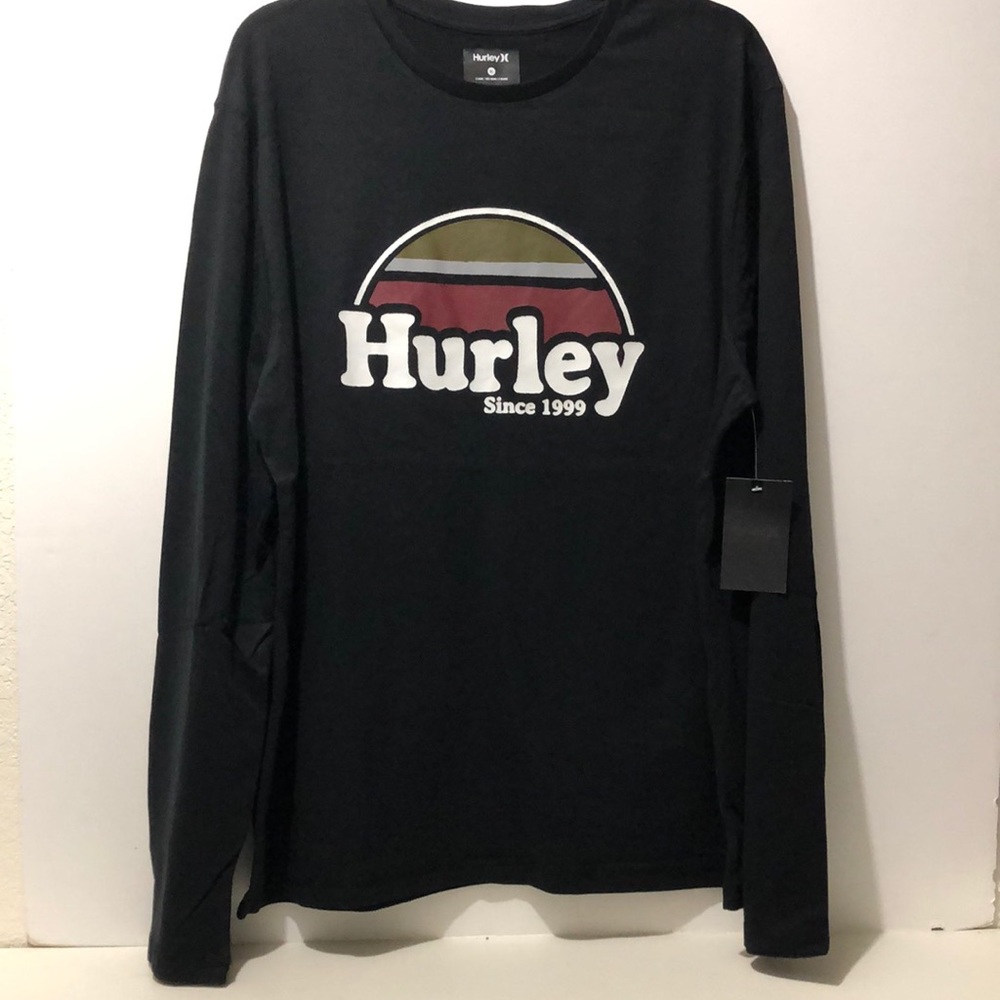 Hurley T-Shirt Men’s XL Cotton Blend Stamped Graphic Long Sleeve Crew Neck Black